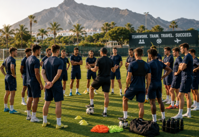 Football team training session outdoors.
